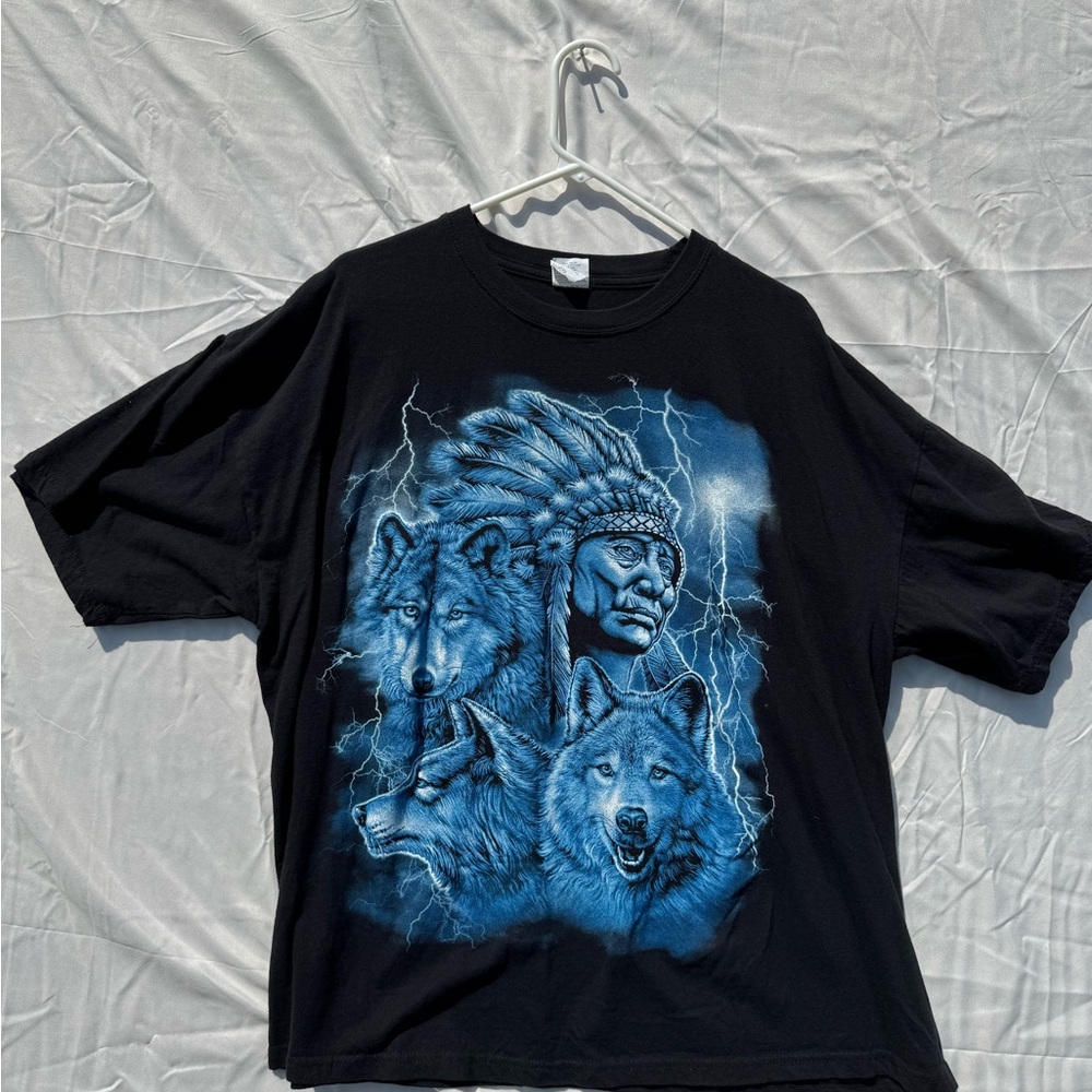 Black Graphic Tee with Blue Wolf Charokee Design